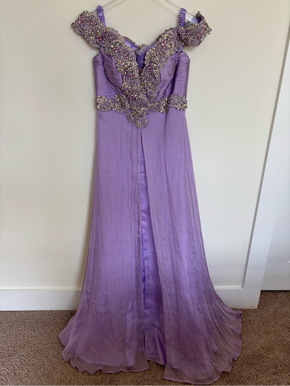 Mac Duggal Lavender Beaded Off-Shoulder Prom Gown